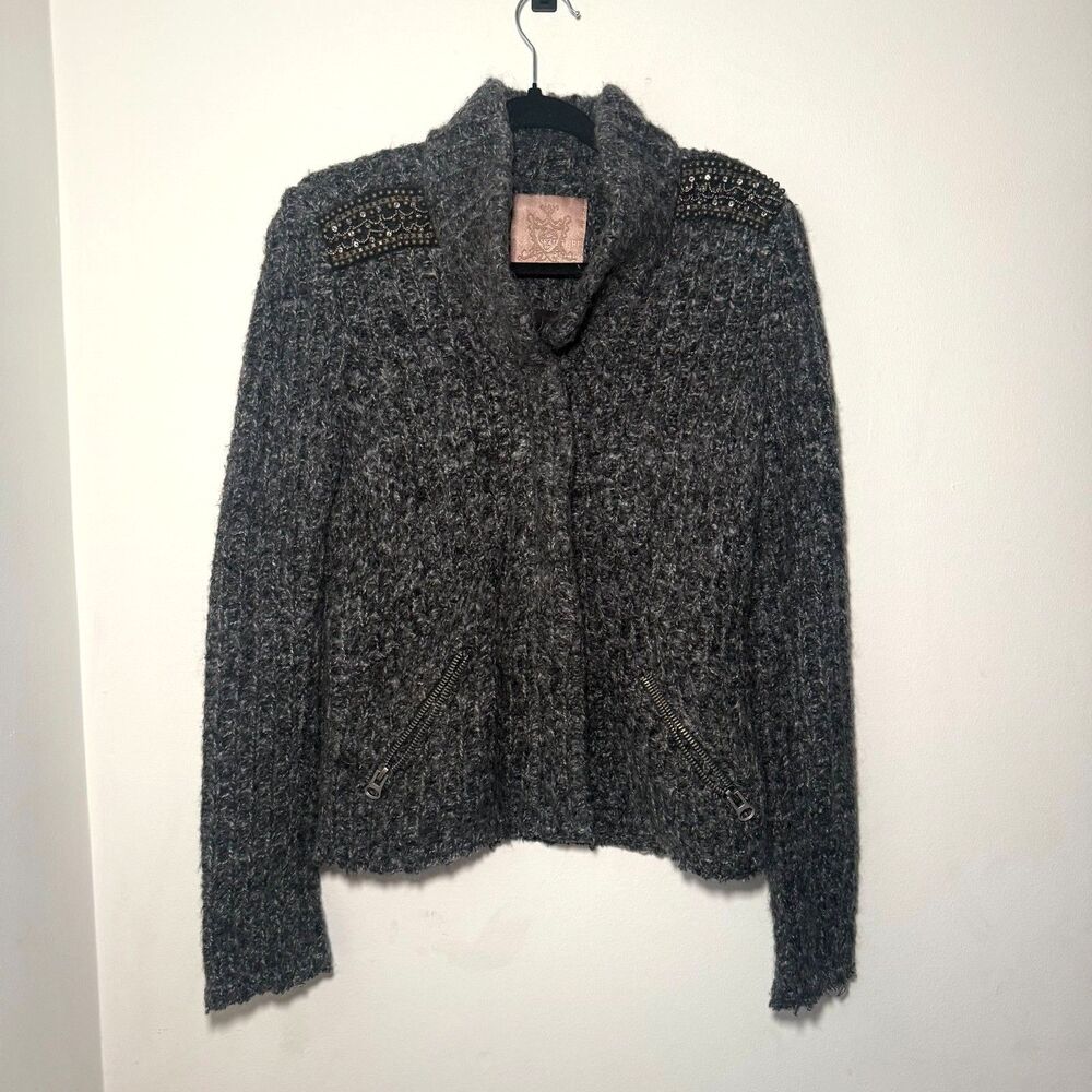 Culture Calvari Knit Cardigan Beaded Shoulder Detail Military Zippers S